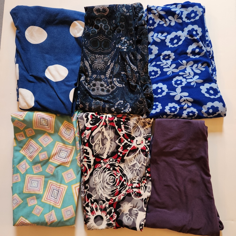 LuLaRoe 6 patterned leggings set Lot purple Polka Dot Symbol Blue Eclectic Bold